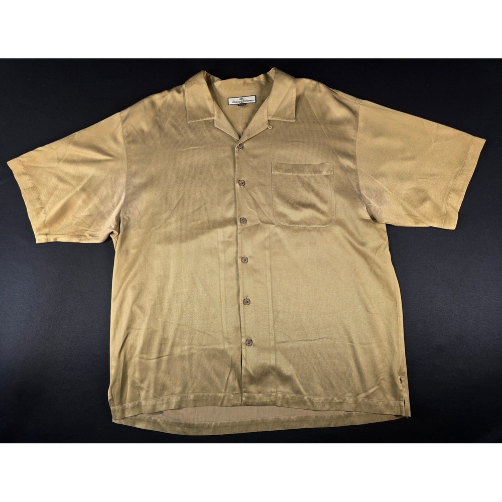 Tommy Bahama Relax Silk Cotton Herringbone Camp Shirt Tan Mens XL Short Sleeve